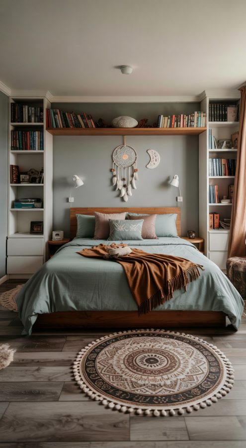 Small Bedroom Ideas with Built-in Shelving and Boho Decor