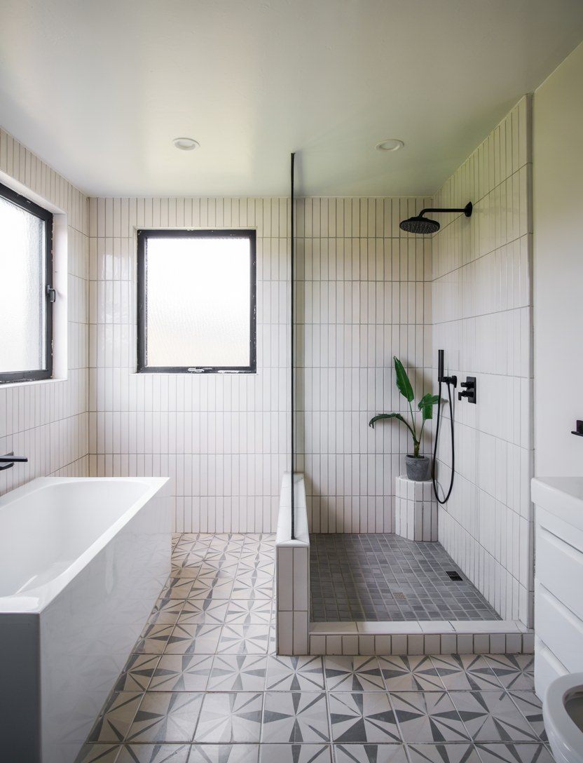 Modern Master Bathroom Design with Walk-In Shower and Black Hardware