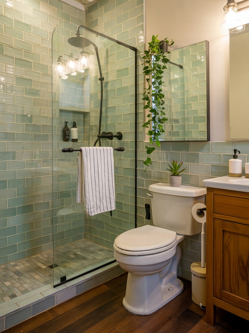 Small Bathroom Shower Ideas with Green Subway Tile and Black Fixtures