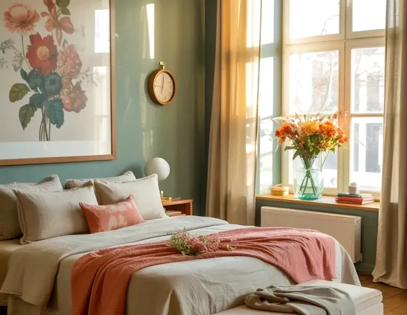 Sage Green Bedroom with Wooden Beams and Floral Art Decor Ideas