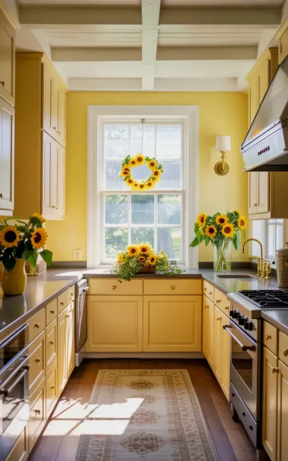 Sunflower Galley Kitchen Decor for a Bright Cozy Spring Home