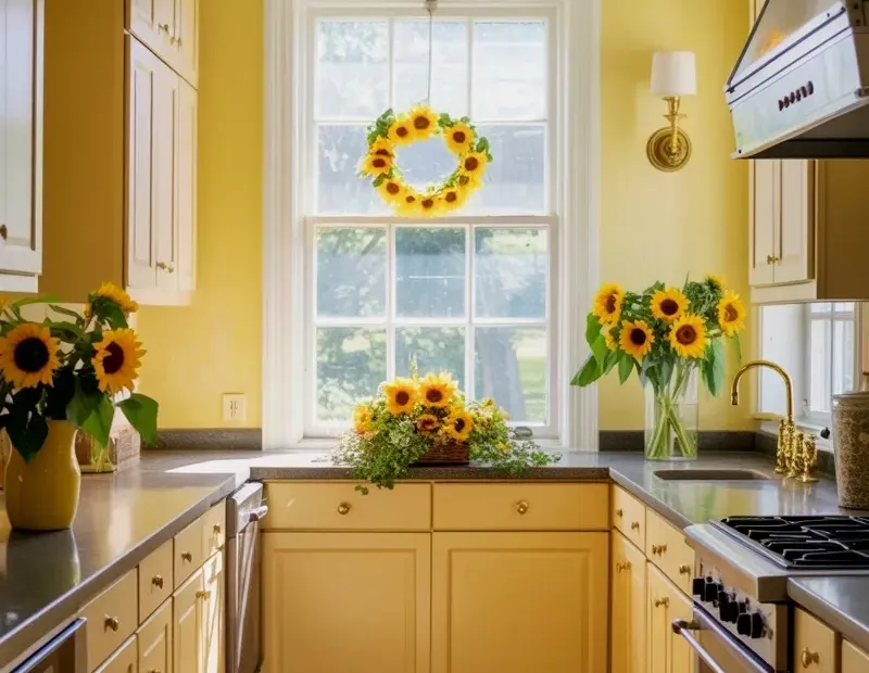 Sunflower Galley Kitchen Decor for a Bright Cozy Spring Home