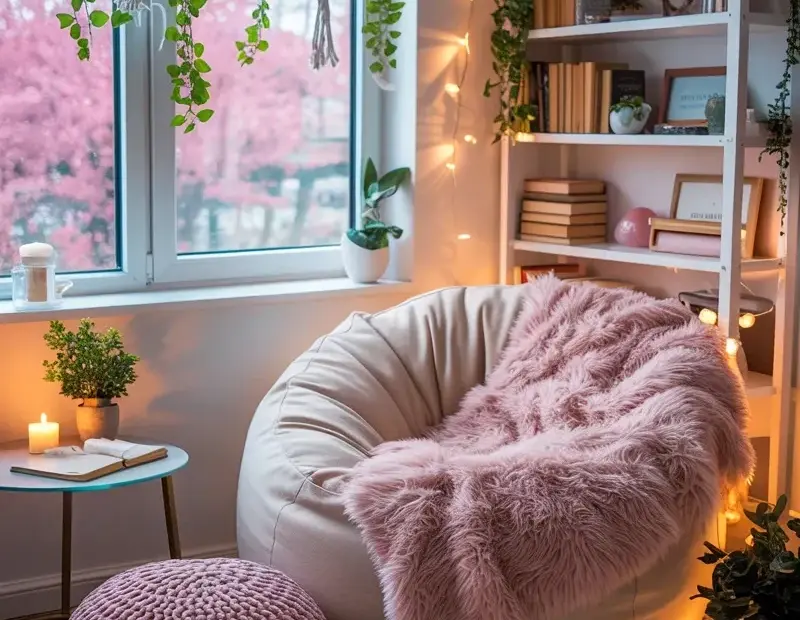 Cozy Corner Reading Nook with Bean Bag and Plants | Book Nook Decor Ideas
