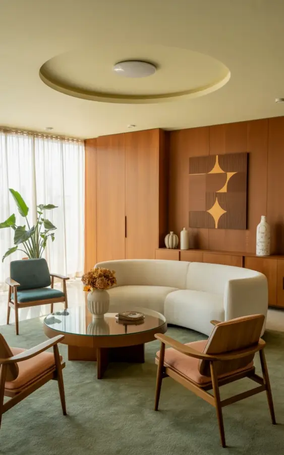 Mid-Century Modern Living Room on a Budget | Curved Sofa & Peach Accents