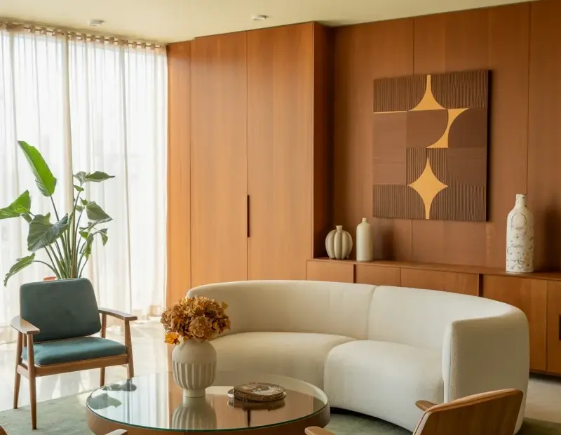 Mid-Century Modern Living Room on a Budget | Curved Sofa & Peach Accents