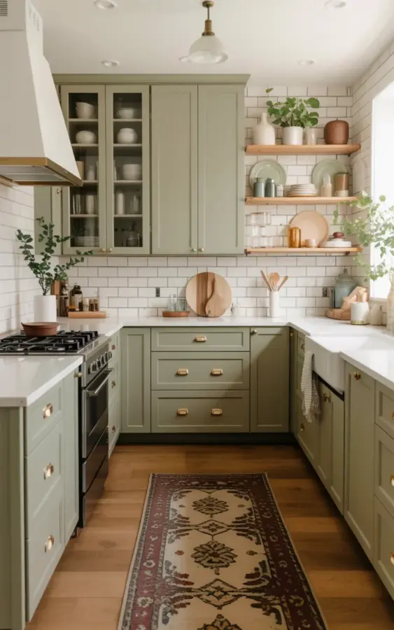 Modern Farmhouse Kitchen | Sage Green Cabinets & Brass Hardware | Cozy Home Styling Tips