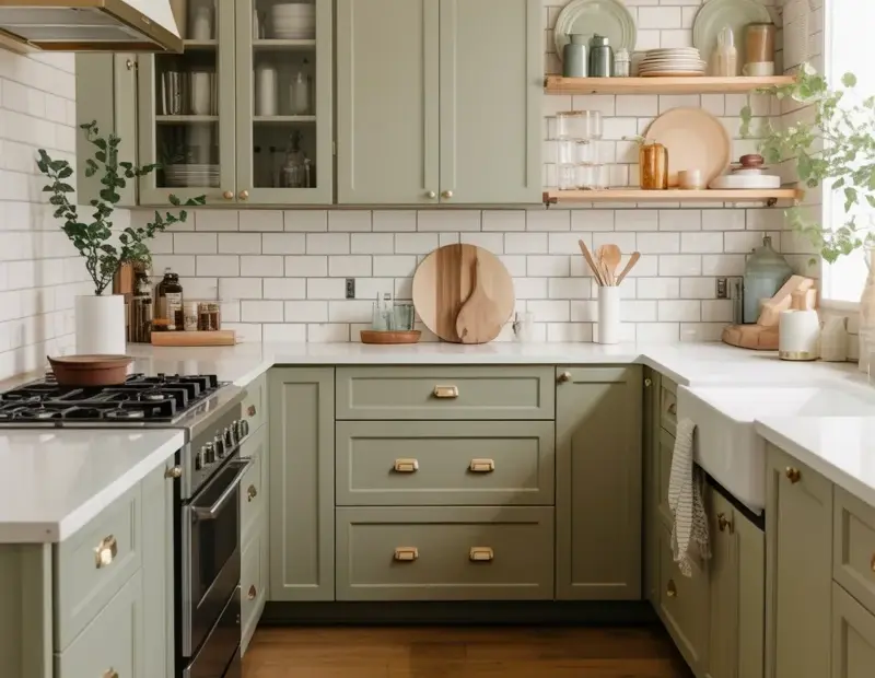 Modern Farmhouse Kitchen | Sage Green Cabinets & Brass Hardware | Cozy Home Styling Tips