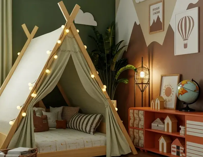 Winter Cozy Kids Bedroom Ideas with a Teepee Bed and String Lights