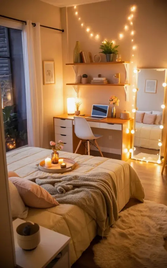 Cozy Bedroom Decor with String Lights and a Wooden Candle Tray