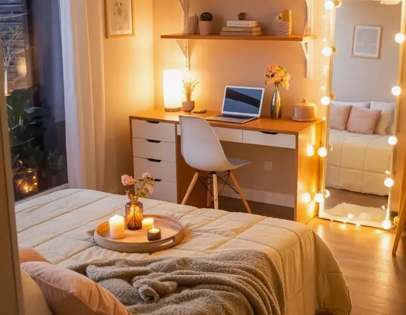 Cozy Bedroom Decor with String Lights and a Wooden Candle Tray
