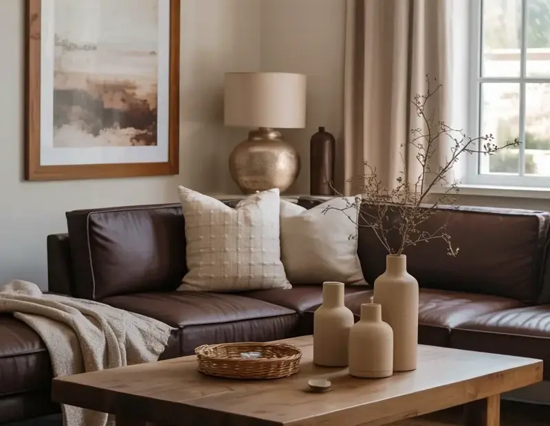 Budget Living Room Ideas with a Brown Sectional & Wood Coffee Table