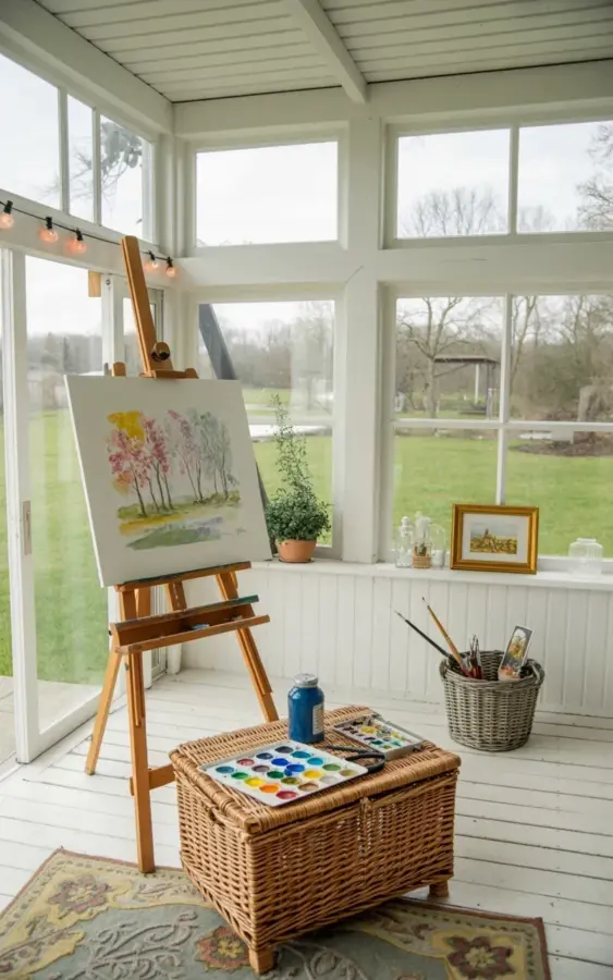 Sunroom Art Studio Ideas: Bright Watercolor Corner With an Easel + Wicker Ottoman