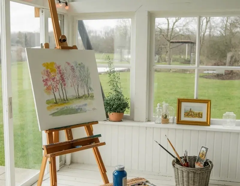 Sunroom Art Studio Ideas: Bright Watercolor Corner With an Easel + Wicker Ottoman