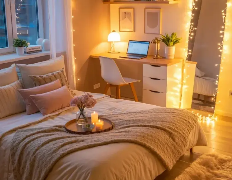 Cozy Bedroom on a Budget | String Lights, Candles & a Wooden Tray Styling