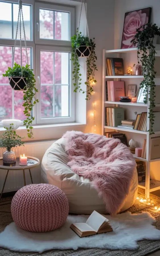 Cozy Reading Nook Before & After | Bean Bag Chair Corner Makeover with Faux Fur Throw & Macrame