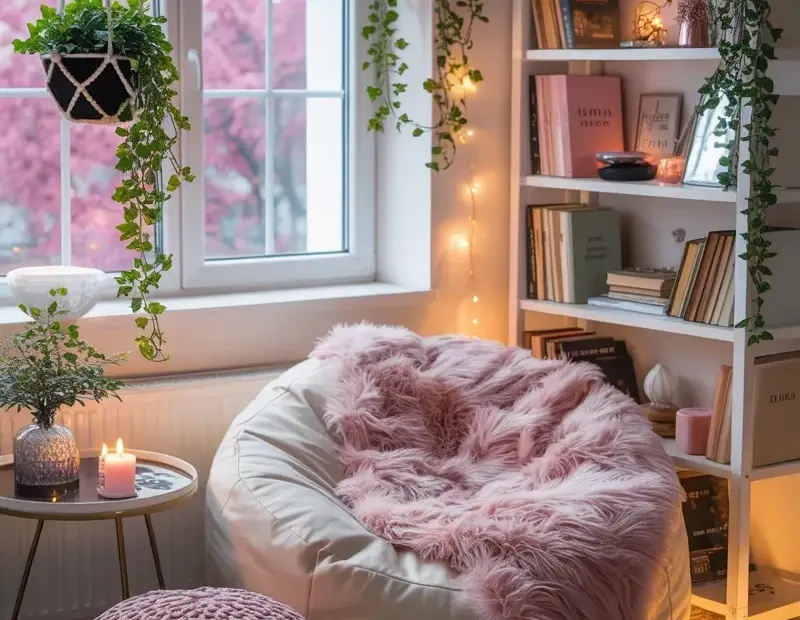 Cozy Reading Nook Before & After | Bean Bag Chair Corner Makeover with Faux Fur Throw & Macrame
