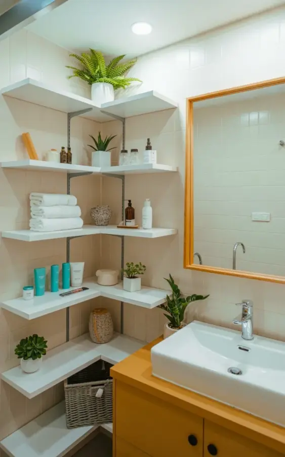 Small Bathroom Decor Ideas on a Budget | Floating Corner Shelves for Towels + Plants