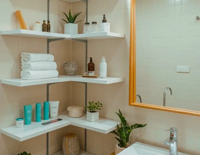 Small Bathroom Decor Ideas on a Budget | Floating Corner Shelves for Towels + Plants