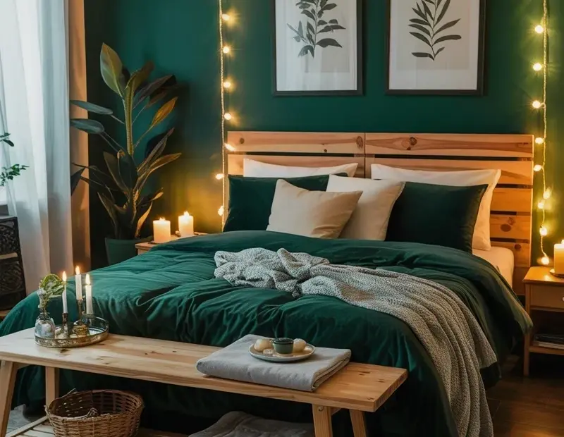 Moody Bedroom with Dark Green Accent Wall & Fairy Lights | Cozy Wooden Bed Ideas