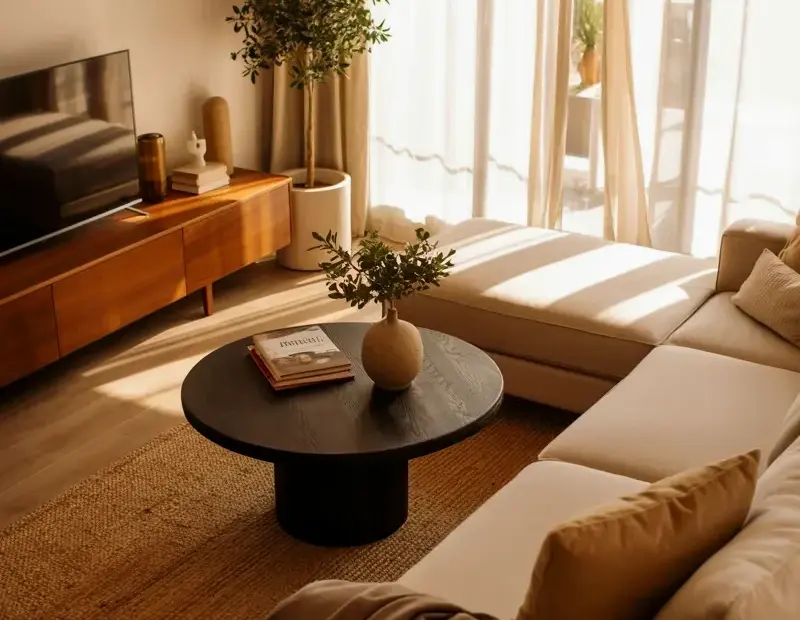 Warm Minimalist Living Room with Beige Sectional and Jute Rug
