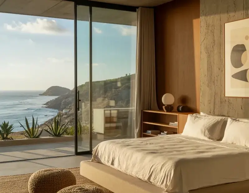 Ocean View Bedroom with Concrete Walls and Cozy Wood Accents