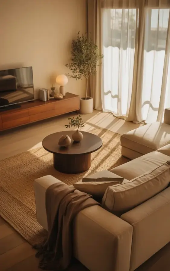 Warm minimalist living room ideas with beige sectional and natural textures