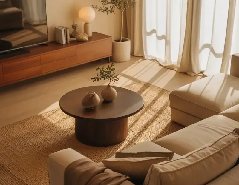 Warm minimalist living room ideas with beige sectional and natural textures