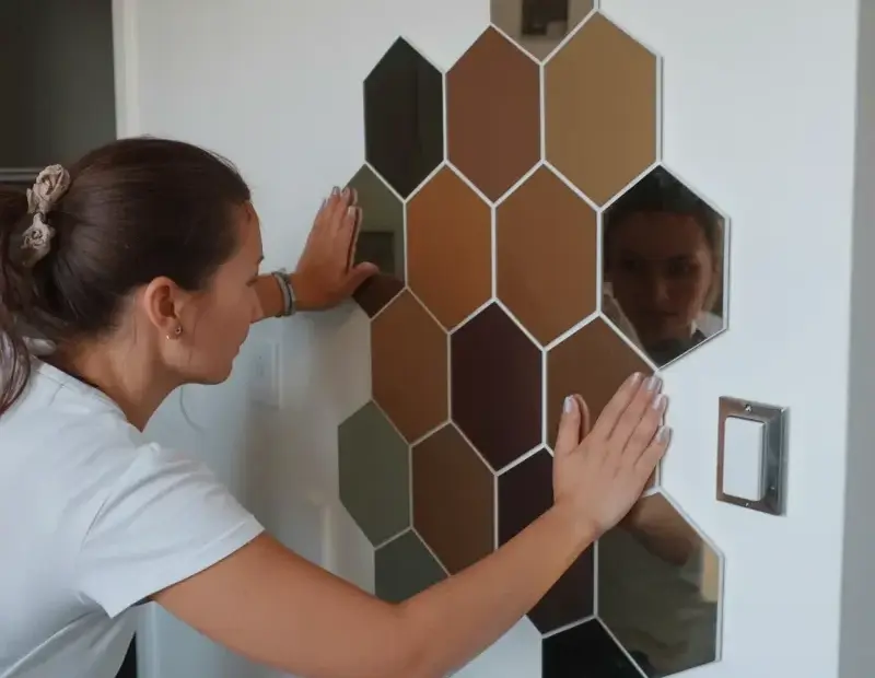 Hexagonal Mirror Tiles Install Guide | Brown & Bronze Honeycomb Wall