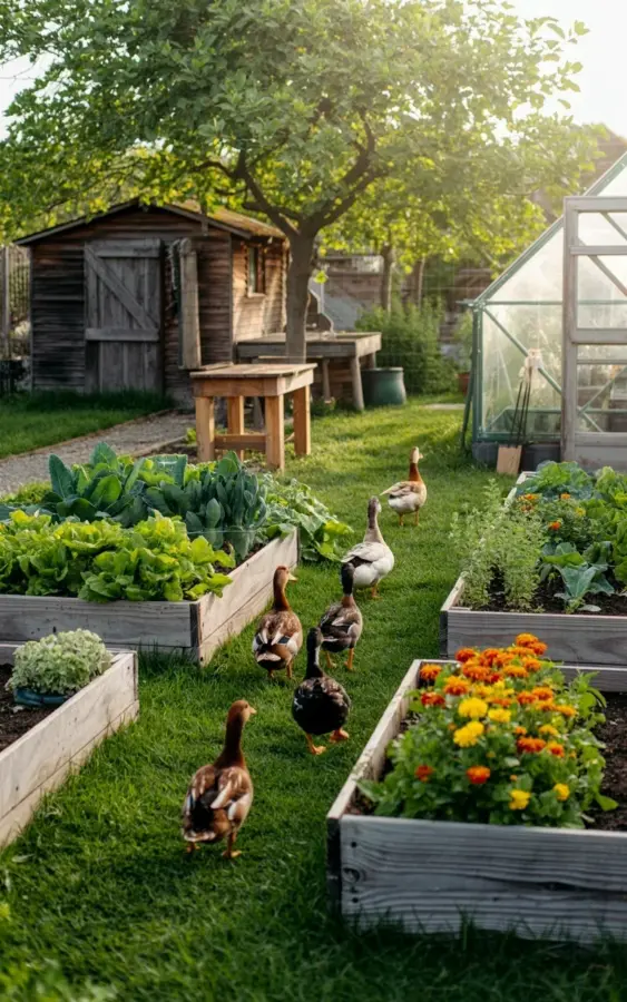 Spring Garden Walk: Ducks in a Raised Bed Vegetable Garden