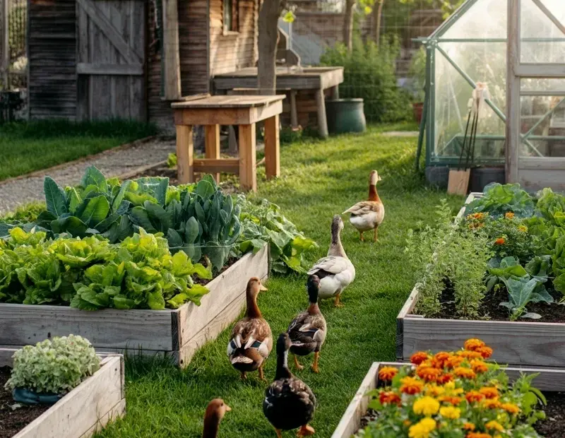 Spring Garden Walk: Ducks in a Raised Bed Vegetable Garden