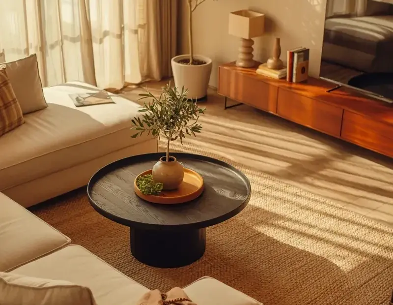 Warm Minimalist Living Room with Beige Sectional and Natural Wood Decor