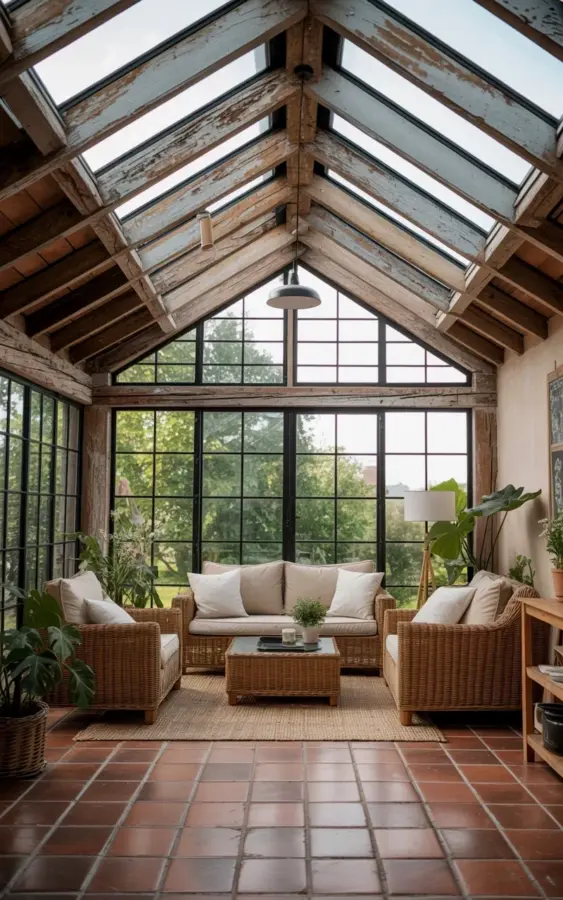 Sunroom Decor Ideas for Cozy Fall: Wicker Sectional & Wood Beams