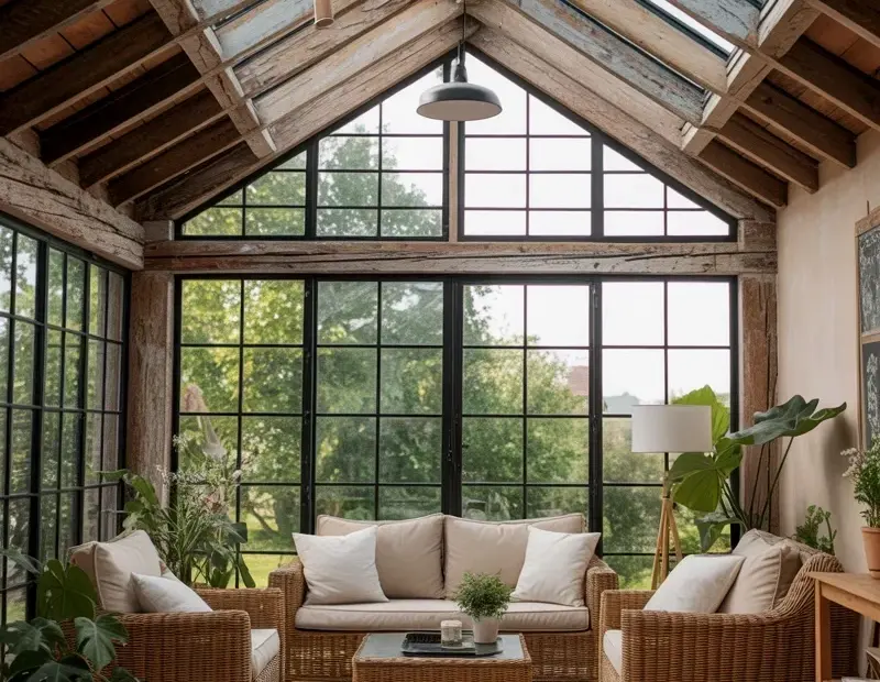 Sunroom Decor Ideas for Cozy Fall: Wicker Sectional & Wood Beams