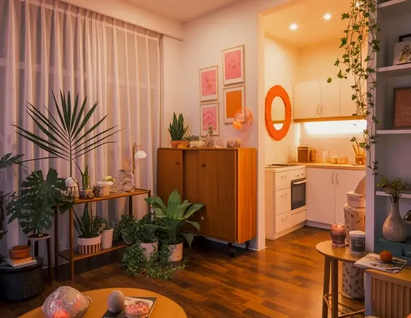Cozy Bohemian Living Room with Cane Coffee Table and Plants